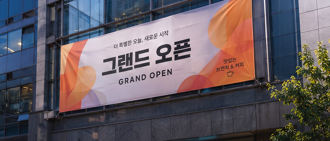 건물 외벽에 걸린 그랜드 오픈 현수막